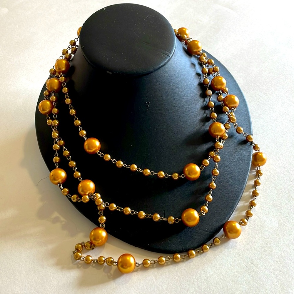 Long Gold Tone Two Size Bead Necklace 72" Flapper Style and Shimmery